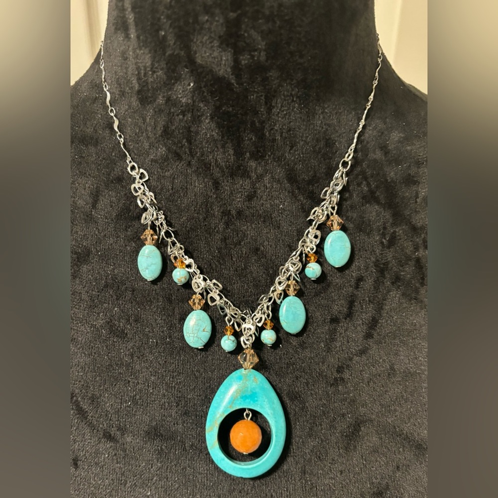 Faux Turquoise Silver Tone Beaded Heart Necklace